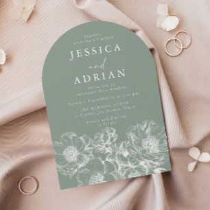 Modern Sage Green & White Peony Line Art Wedding Invitation