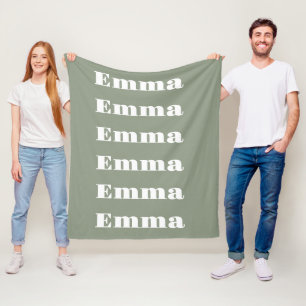 Modern Sage Green & White Personalised Text Name Fleece Blanket