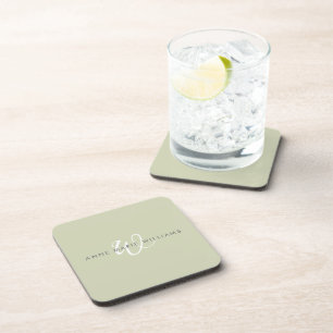 Modern Sage Green White Script Monogram Coaster