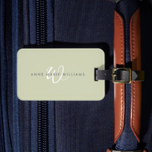 Modern Sage Green White Script Monogram Luggage Tag