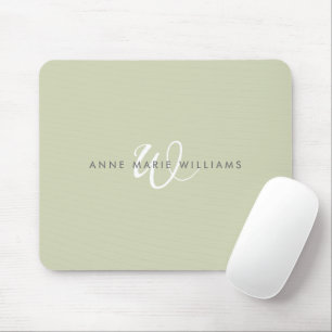 Modern Sage Green White Script Monogram Mouse Mat