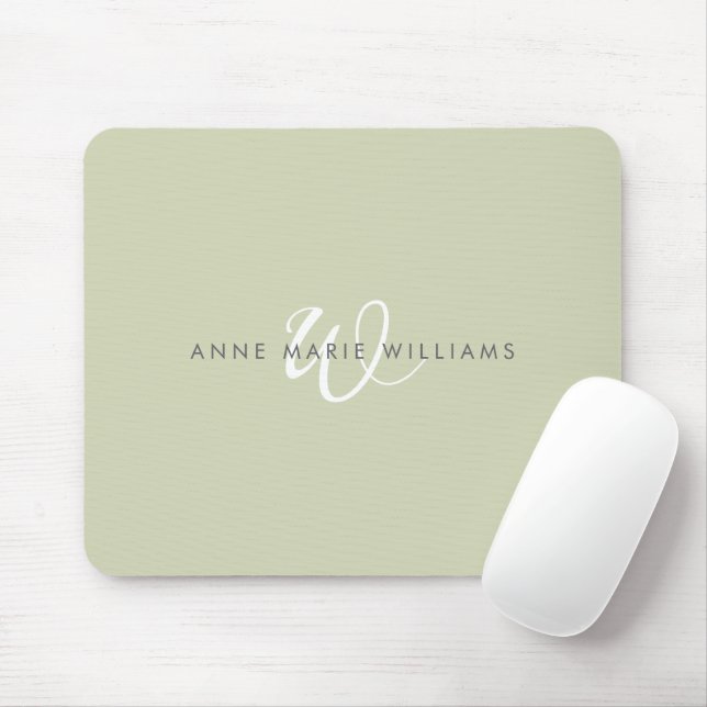 Modern Sage Green White Script Monogram Mouse Mat (With Mouse)