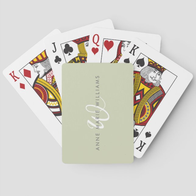 Modern Sage Green White Script Monogram Playing Cards (Back)