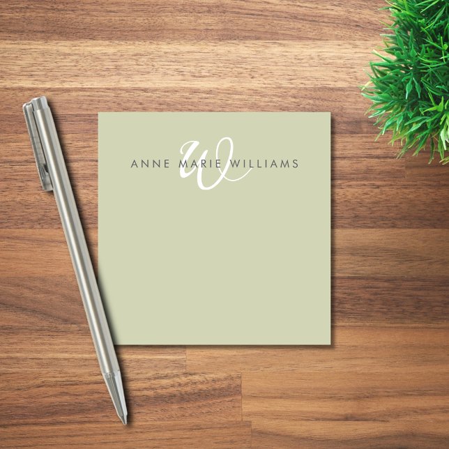 Modern Sage Green White Script Monogram Post-it Notes (Creator Uploaded)