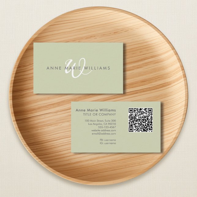 Modern Sage Green White Script Monogram QR Code Business Card (Creator Uploaded)