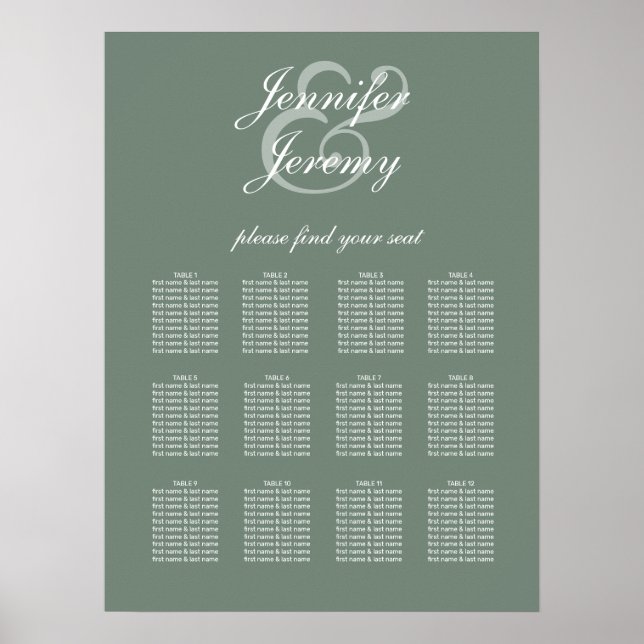 Modern Sage Green White Script Wedding Seating Poster (Front)