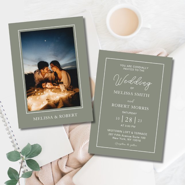Modern Sage Green & White Simple Photo Wedding Invitation (Modern Sage Green & White Script Calligraphy Elegant with Photo Wedding Invitation)