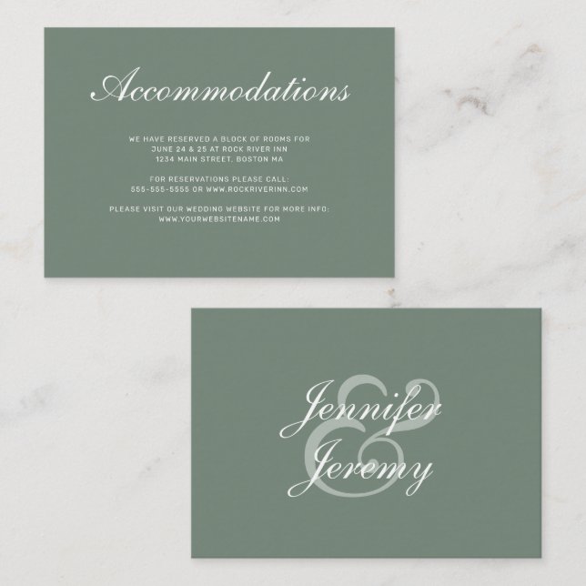 Modern Sage Green White Wedding Accommodations Enclosure Card (Front/Back)