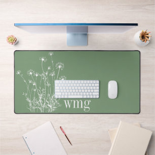 Modern Sage Green & White Wildflowers Monogram Desk Mat