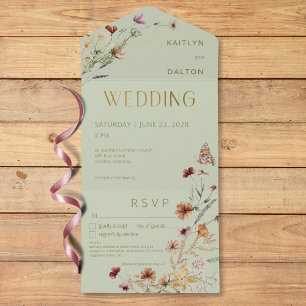 Modern Sage Green Wildflower Bouquet Details All In One Invitation