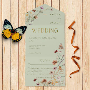 Modern Sage Green Wildflower Bouquet Dinner All In One Invitation