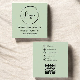 Modern Sage Green with QR Code Social Media Square Business Card