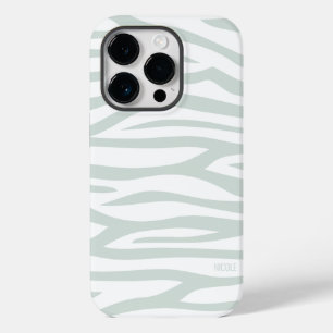 Modern Sage Green Zebra Print Personalised Case-Mate iPhone 14 Pro Case