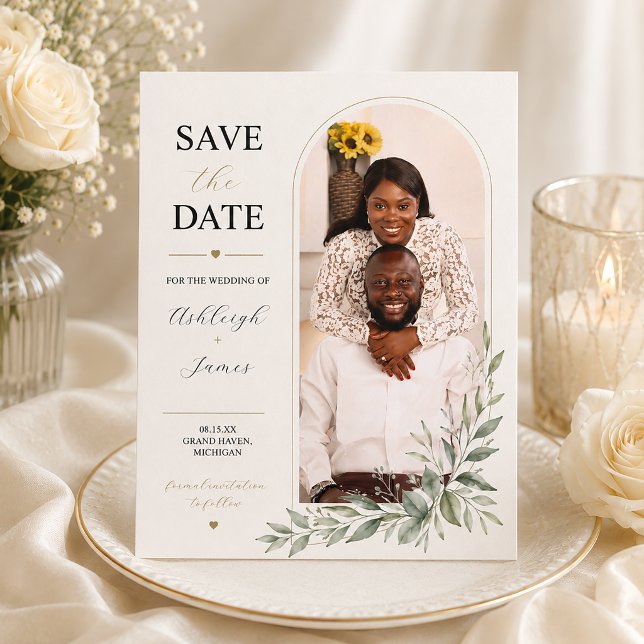 Modern Sage Greenery Photo Save the Date (Creator Uploaded)