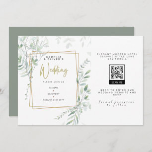 Modern Sage Greenery Wedding QR Code RSVP Invitati Invitation