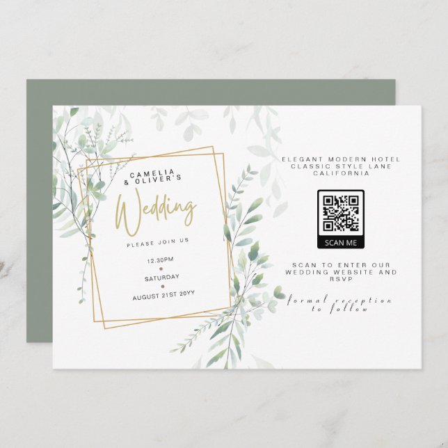 Modern Sage Greenery Wedding QR Code RSVP Invitati Invitation (Front/Back)