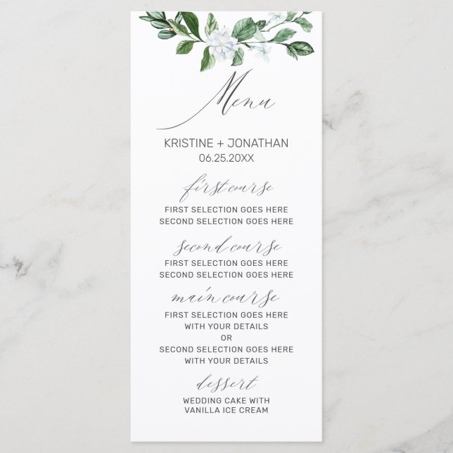 Modern Sage Greenery White Floral Wedding Menu (Front)