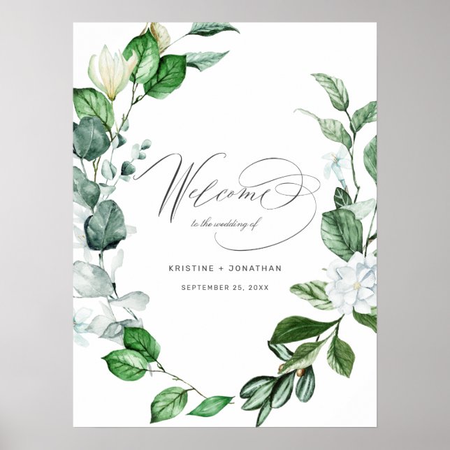Modern Sage Greenery Wreath Floral Wedding Welcome Poster (Front)