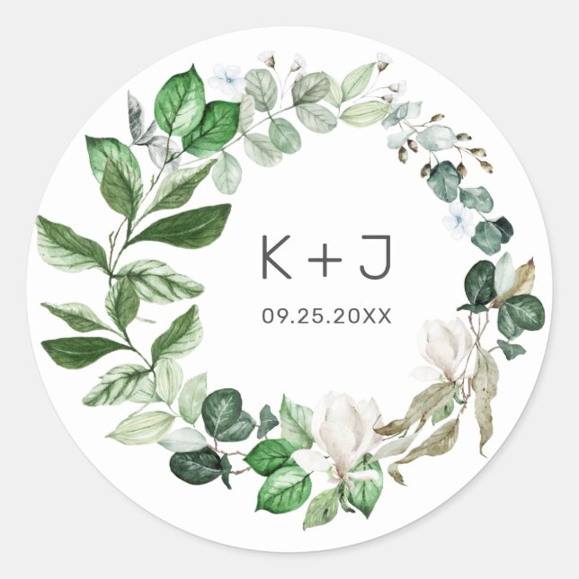 Modern Sage Greenery Wreath White Floral Wedding C Classic Round Sticker (Front)