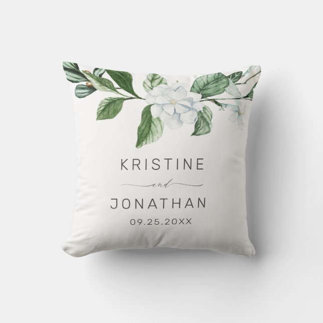 Modern Sage Greenery Wreath White Floral Wedding Cushion (Front)