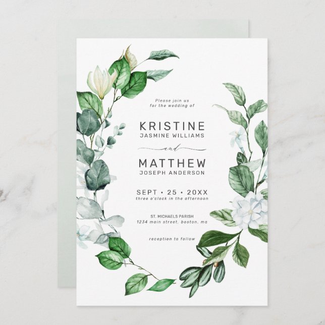 Modern Sage Greenery Wreath White Floral Wedding I Invitation (Front/Back)