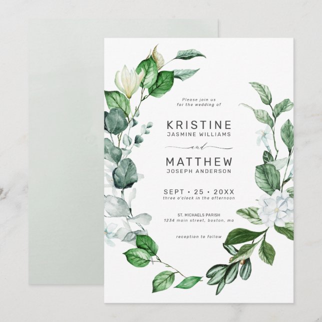 Modern Sage Greenery Wreath White Floral Wedding Invitation (Front/Back)
