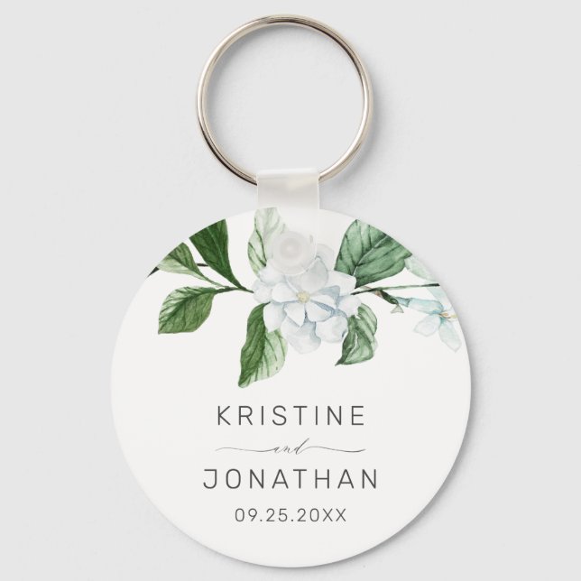 Modern Sage Greenery Wreath White Floral Wedding Key Ring (Front)
