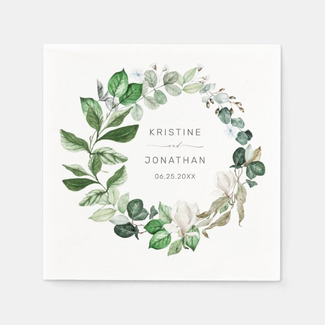 Modern Sage Greenery Wreath White Floral Wedding Napkin (Front)