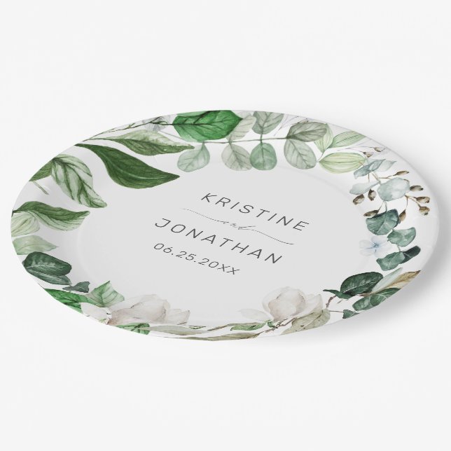 Modern Sage Greenery Wreath White Floral Wedding Paper Plate (Angled)