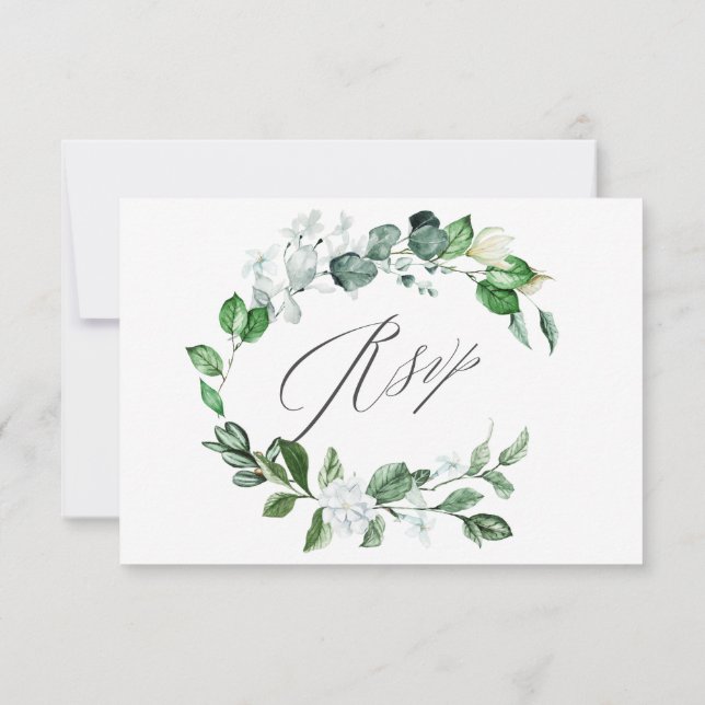 Modern Sage Greenery Wreath White Floral Wedding RSVP Card (Back)