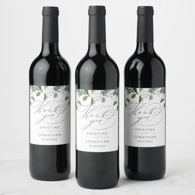 Modern Sage Greenery Wreath White Floral Wedding Wine Label (Bottles)