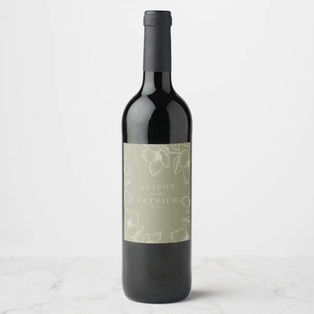 Modern Sage GreenFloral Wine Label (Front)