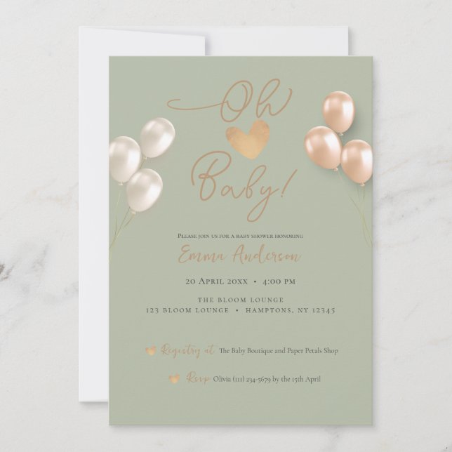 Modern Sage Heart Balloons Neutral Baby Shower  Invitation (Front)
