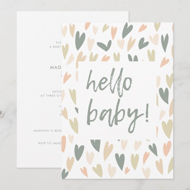Modern Sage Heart Gender Neutral Hello Baby Shower Invitation (Front/Back)