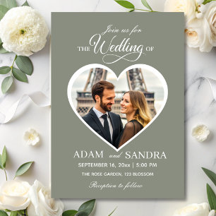 Modern Sage Heart Photo Elegant Script Wedding  Invitation