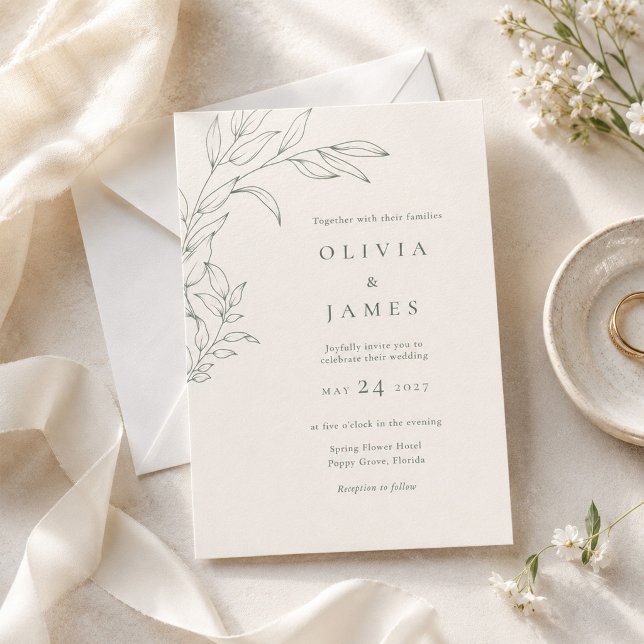 Modern Sage Ivory Botanical Wedding Invitation (Modern Sage Ivory Botanical Wedding Invitation on an elegant table with rings and wedding decor)