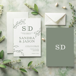 Modern Sage Line Art Foliage Wedding Invitation