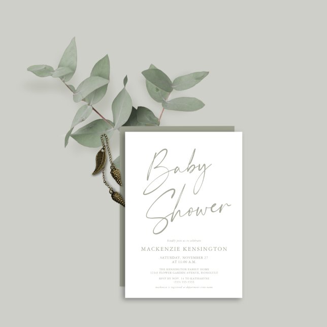 Modern Sage Olive Green Script Baby Shower Invitation (Creator Uploaded)