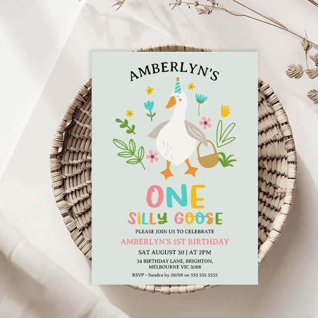 Modern Sage One Silly Goose 1st Birthday  Invitation (One Silly Goose Birthday Invitation Template, Girls First Birthday Invitation Goose, Cute Sage Goose)