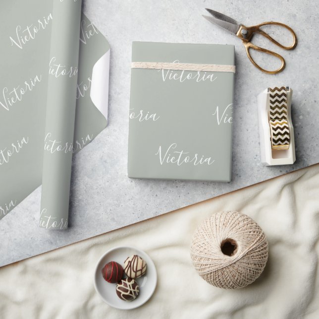 Modern Sage Personalised Pastel Script Name  Wrapping Paper (Crafts)