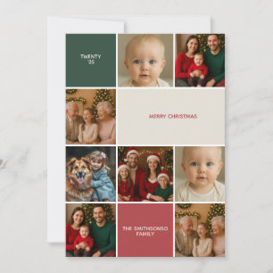 Modern Sage RED Photo collage merry Christmas Holiday Card