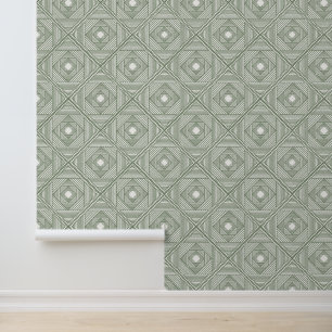 Modern Sage White Geometric Diamond Pattern Wallpaper