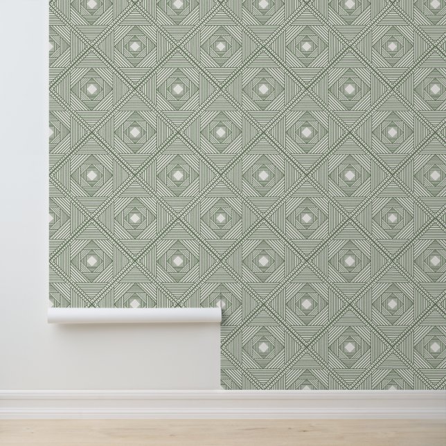Modern Sage White Geometric Diamond Pattern Wallpaper (Application)