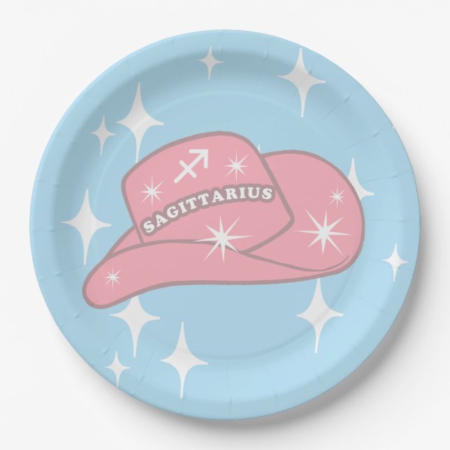 Modern Sagittarius Zodiac Cowgirl Hat Blue Paper Plate (Front)