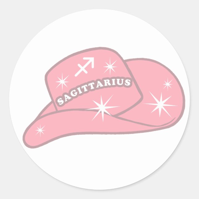 Modern Sagittarius Zodiac Pink Cowgirl Hat   Classic Round Sticker (Front)