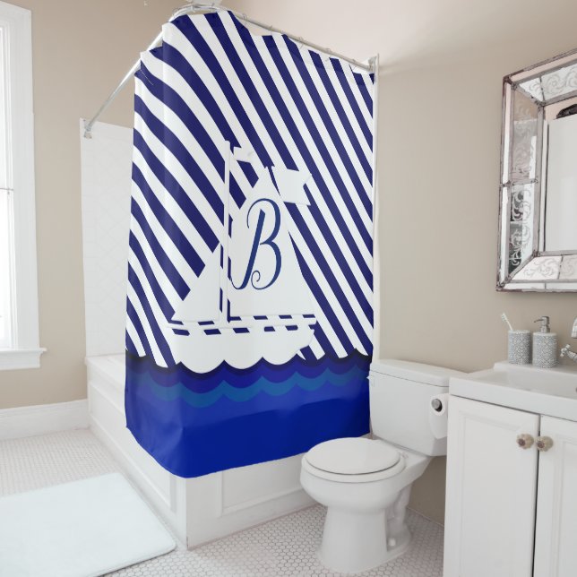 Modern Sailboat Monogram Custom Shower Curtain (In Situ)