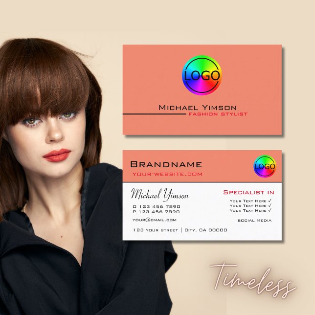 Modern Salmon White Simple with Logo Professional Business Card (Creator Uploaded)