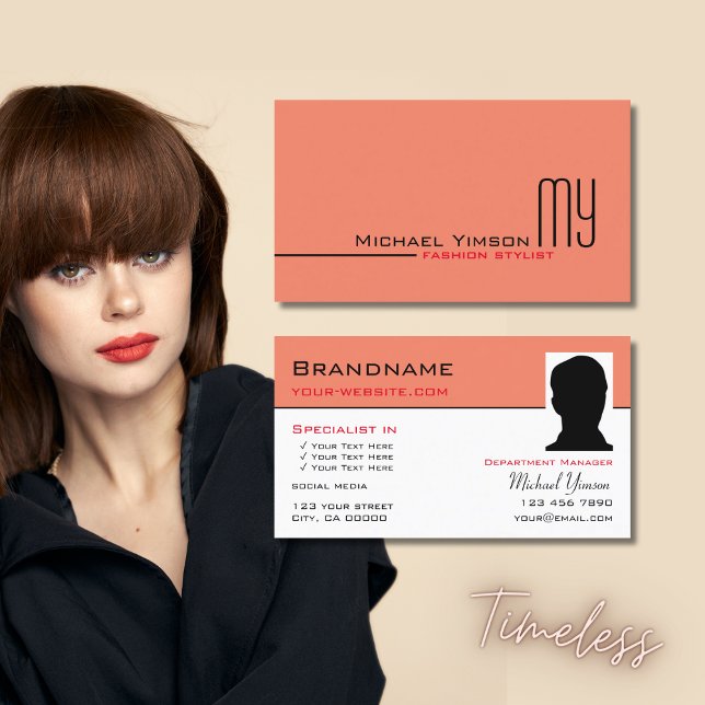 Modern Salmon White Simple with Monogram and Photo Business Card (Creator Uploaded)