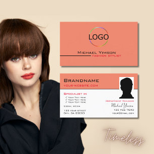 Modern Salmon White with Logo & Photo Professional Business Card
