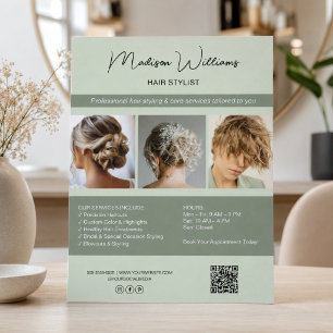 Modern Salon Hair Stylist Services QR Sage Green Flyer
